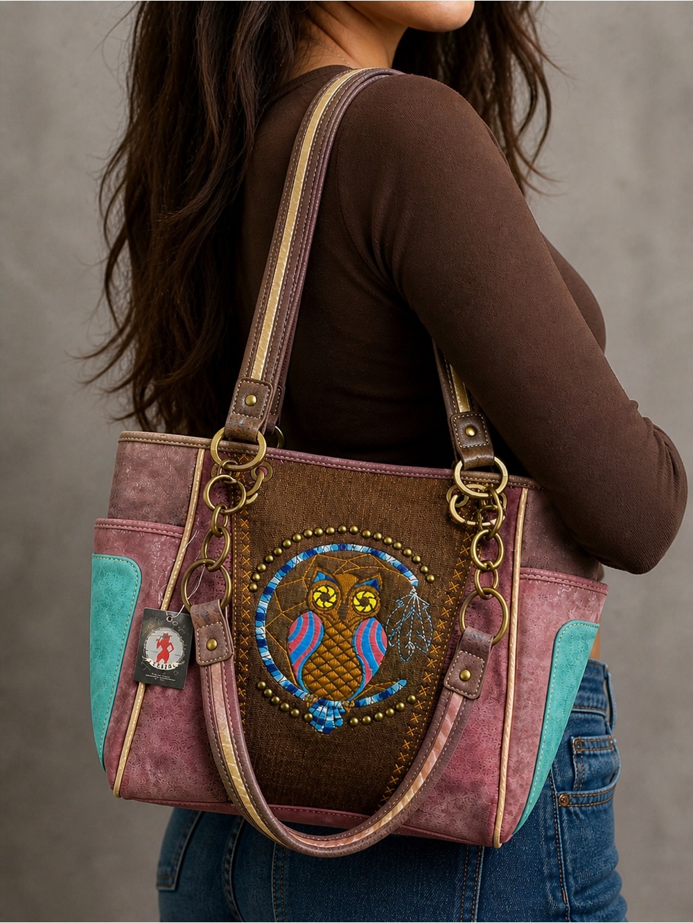 Embroidered Owl Tote Bag in Brown Purple Studded Accent Shoulder bag New